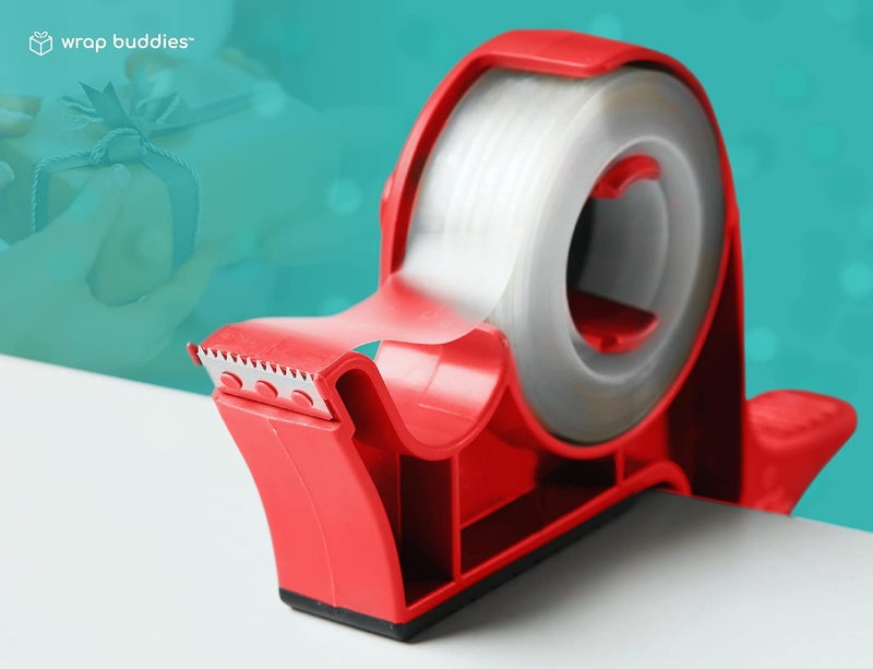 Wrap Buddies أداة تغليف الهدايا على الطاولة مع موزع الشريط - مجموعة من 2 مشابك ورق تغليف قابلة للتعديل مع موزع شريط الحرف - مثالية للعطلات والحرف اليدوية - أحمر الكرز - Image 2